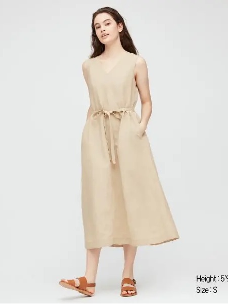 Uniqlo Linen Blend Sleeveless V-Neck Tie-Waist Midi Dress In Stone